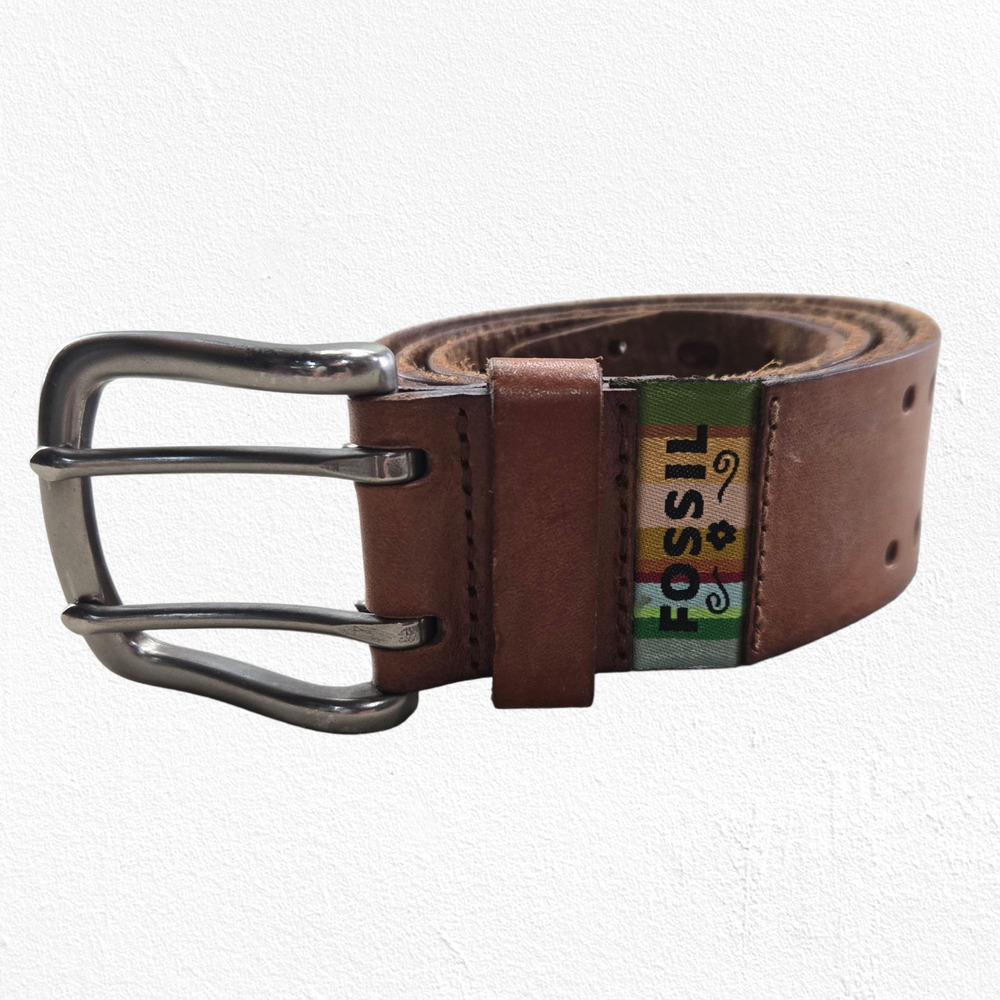 Vintage Y2K Fossil Brown Genuine Leather Perforated Double Prong Belt Size Small